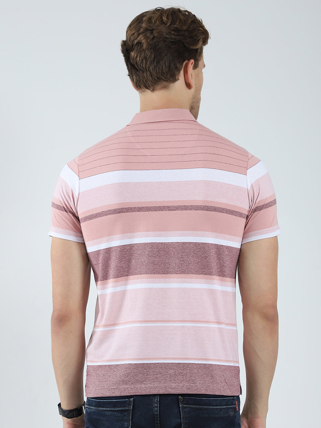Men Peach Stripe Collar Half Sleeve T-Shirt