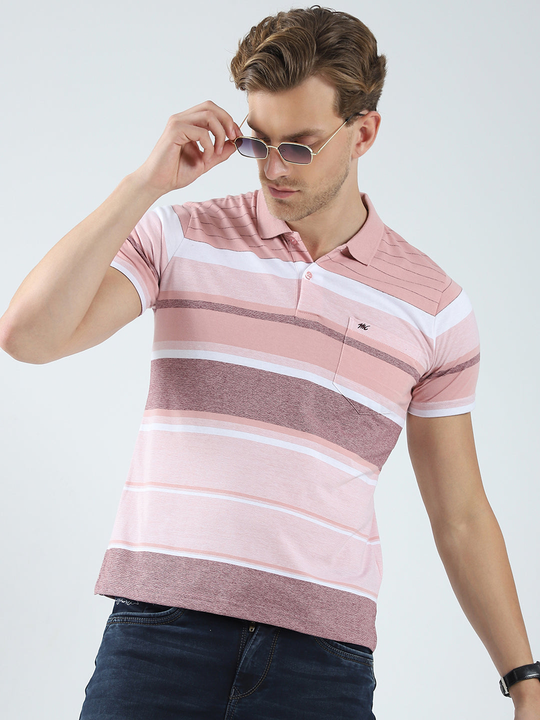 Men Peach Stripe Collar Half Sleeve T-Shirt
