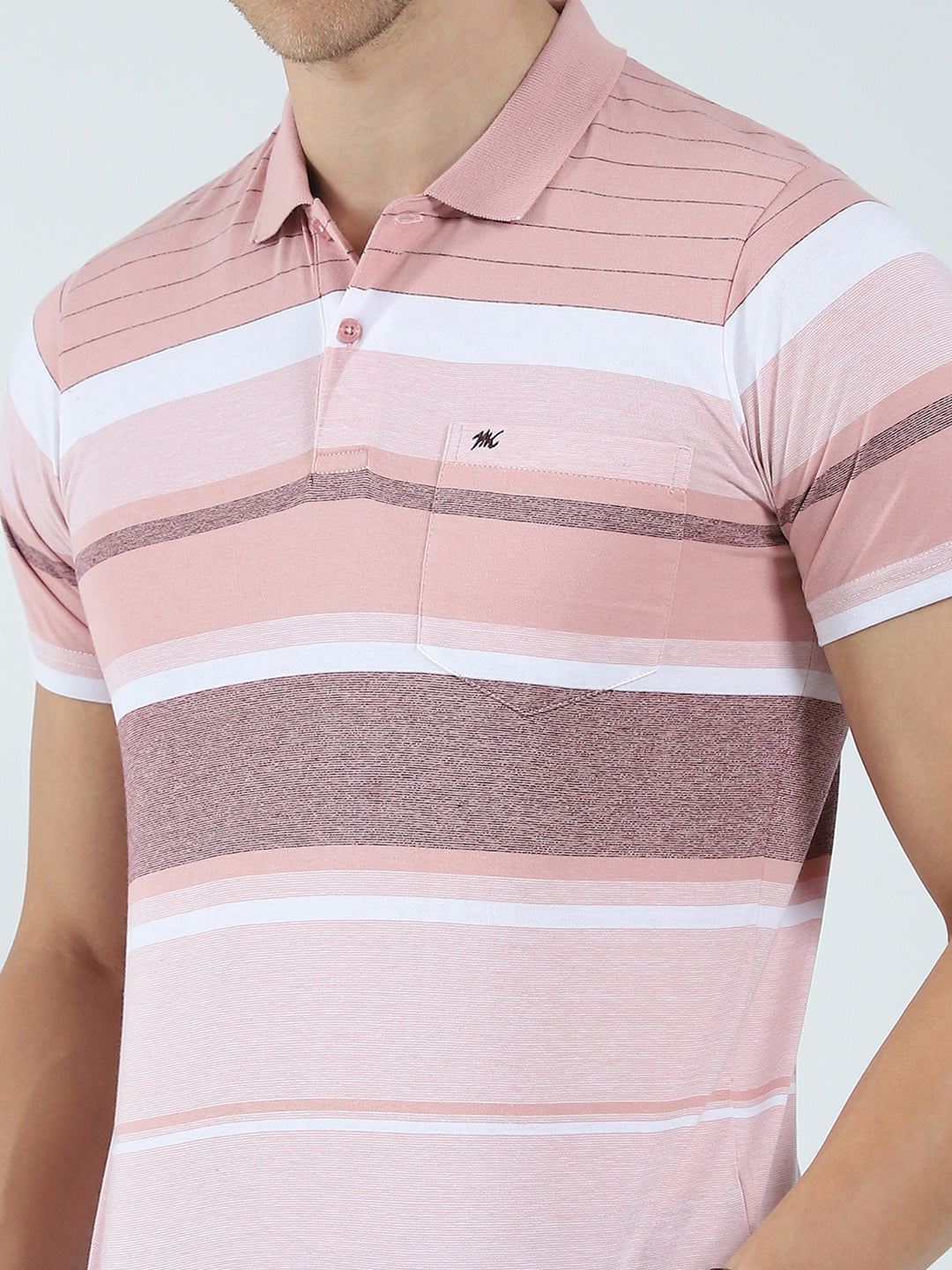 Men Peach Stripe Collar Half Sleeve T-Shirt