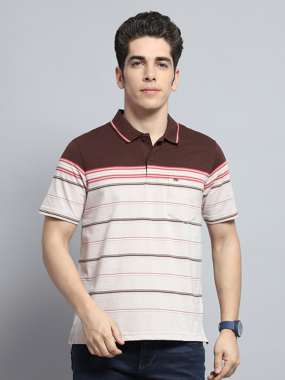 Men Brown Stripe Collar Half Sleeve T-Shirt