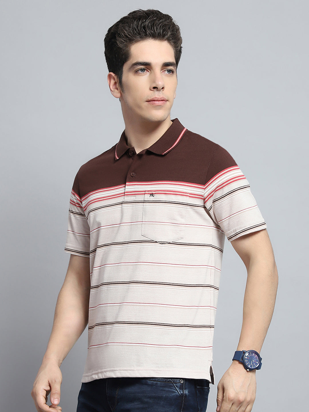 Men Brown Stripe Collar Half Sleeve T-Shirt