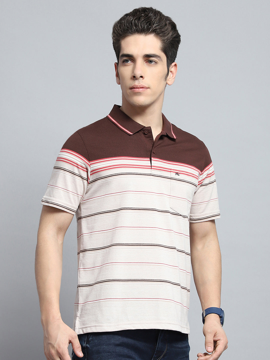 Men Brown Stripe Collar Half Sleeve T-Shirt