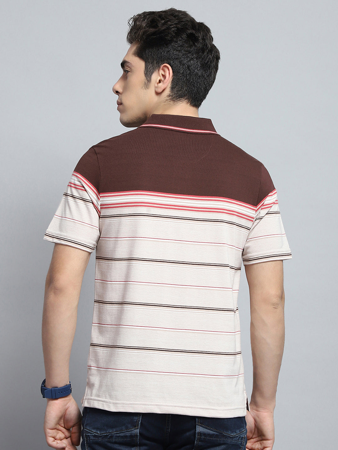 Men Brown Stripe Collar Half Sleeve T-Shirt