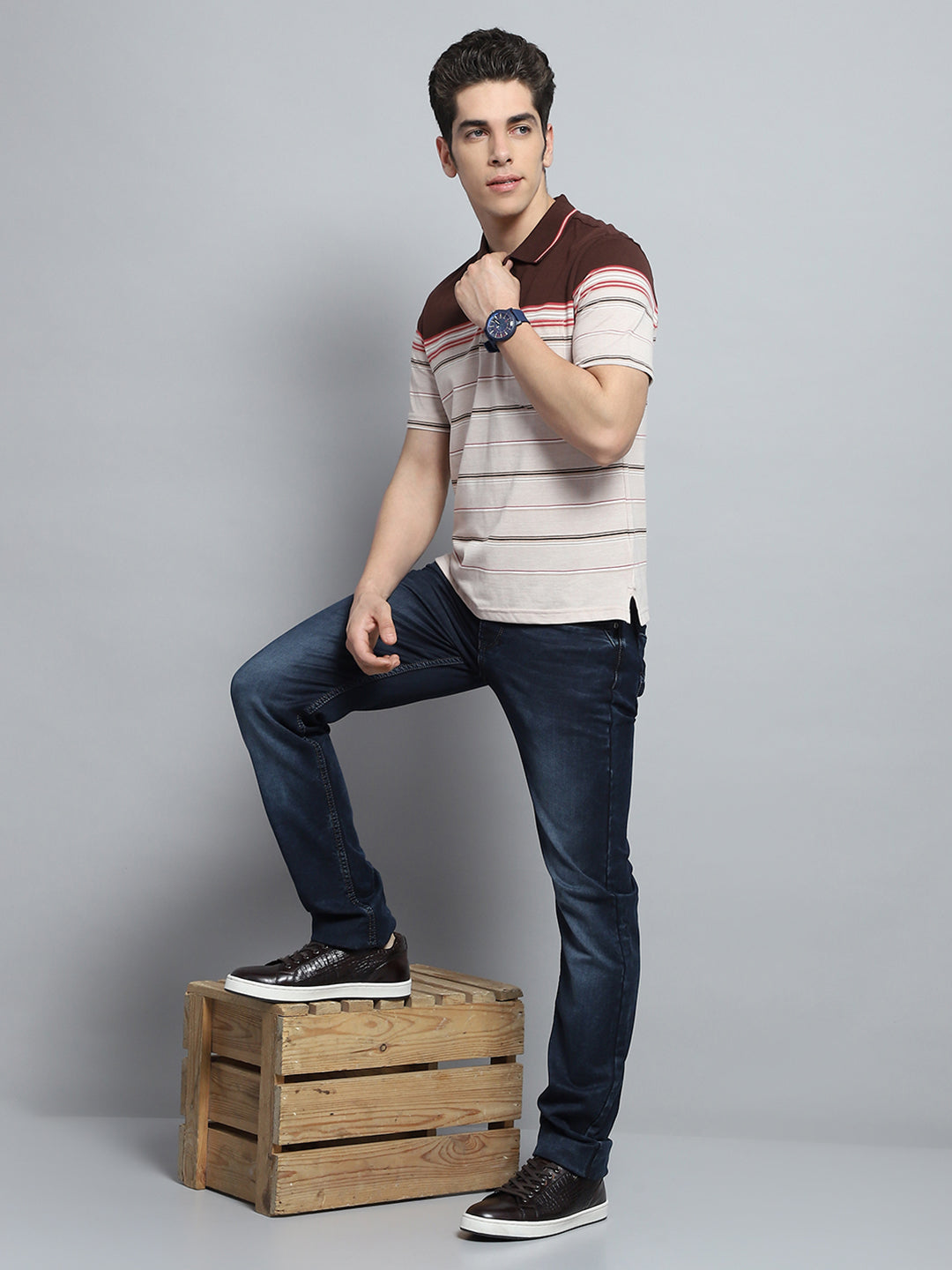 Men Brown Stripe Collar Half Sleeve T-Shirt