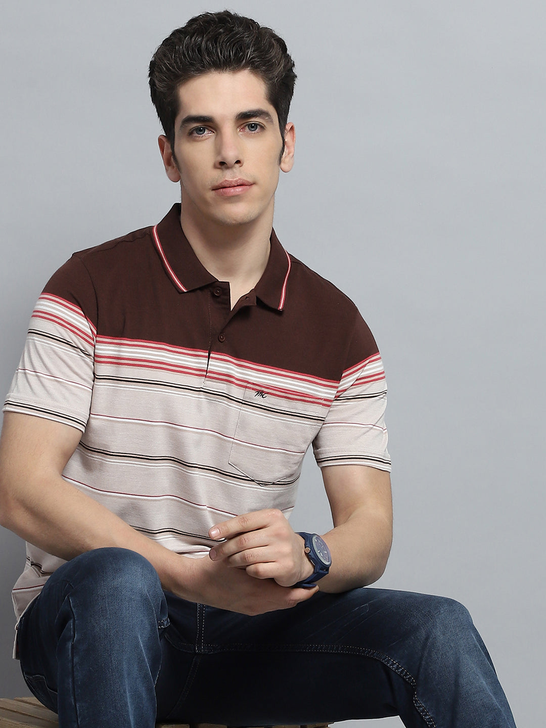 Men Brown Stripe Collar Half Sleeve T-Shirt