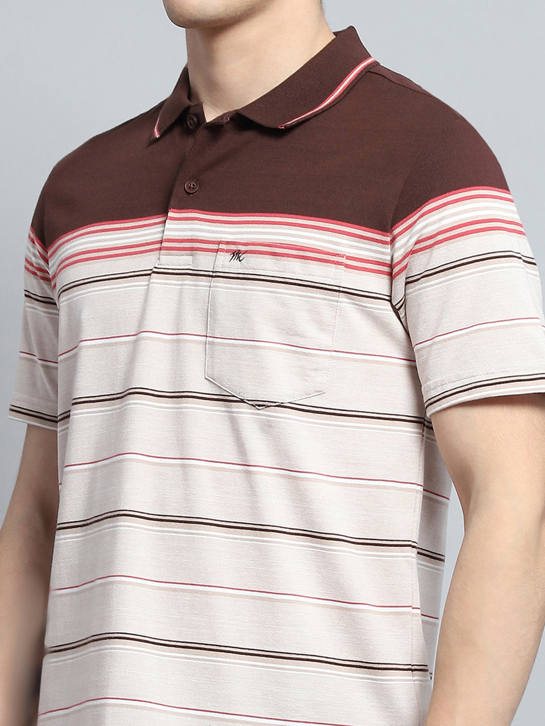 Men Brown Stripe Collar Half Sleeve T-Shirt