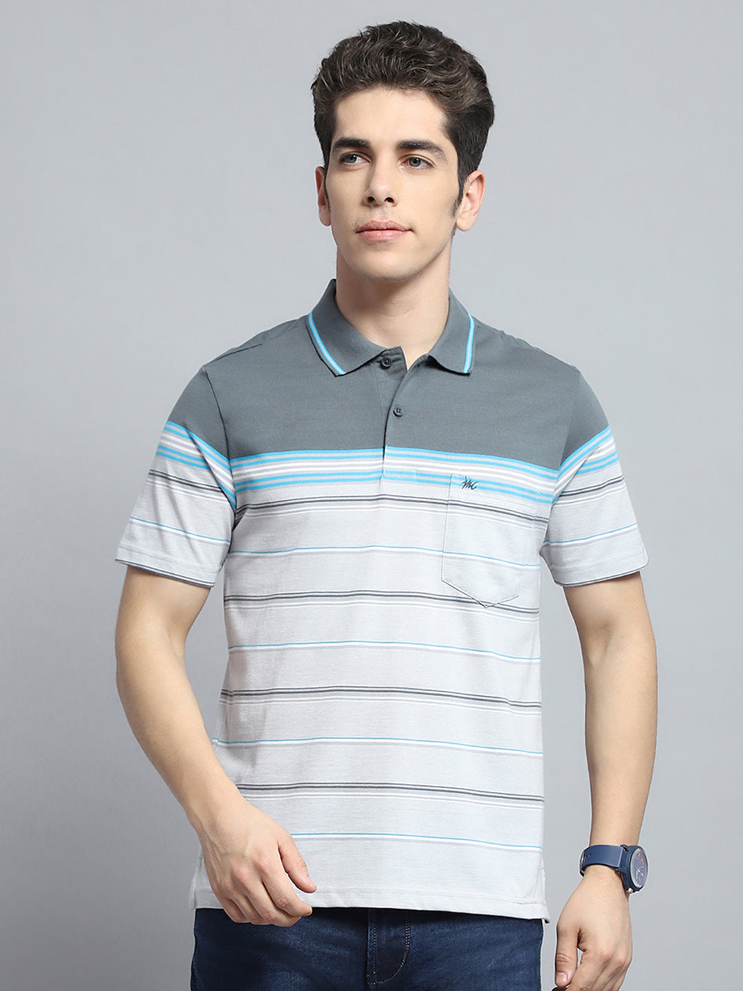 Men Grey Stripe Collar Half Sleeve T-Shirt