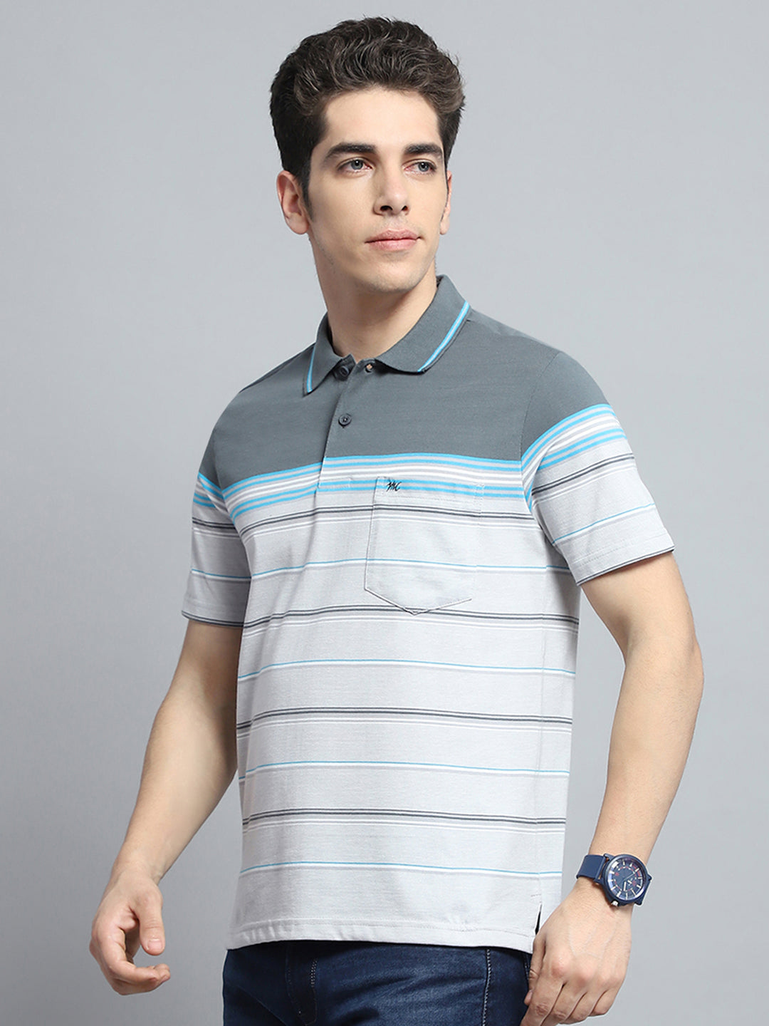 Men Grey Stripe Collar Half Sleeve T-Shirt
