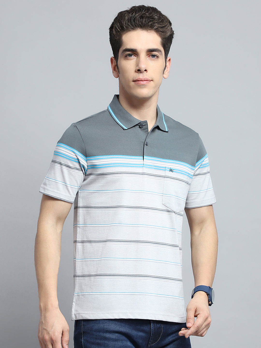 Men Grey Stripe Collar Half Sleeve T-Shirt