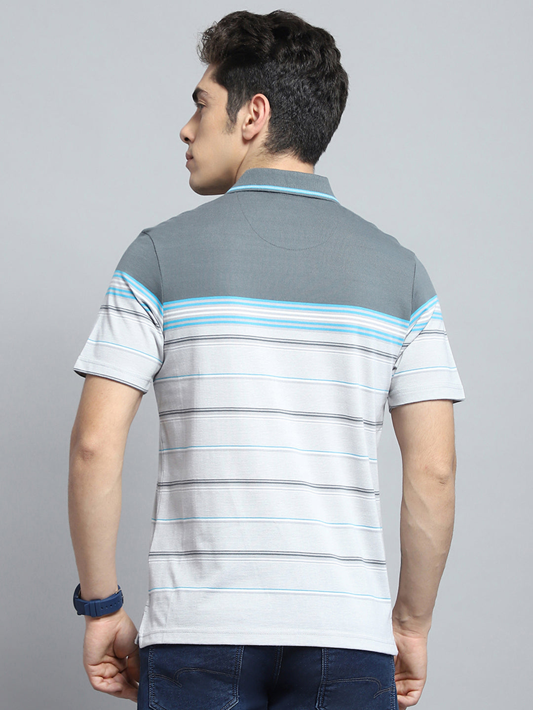Men Grey Stripe Collar Half Sleeve T-Shirt