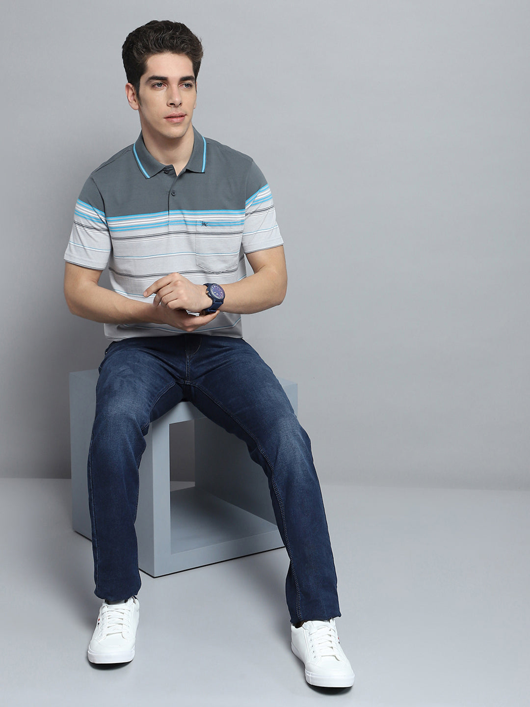 Men Grey Stripe Collar Half Sleeve T-Shirt