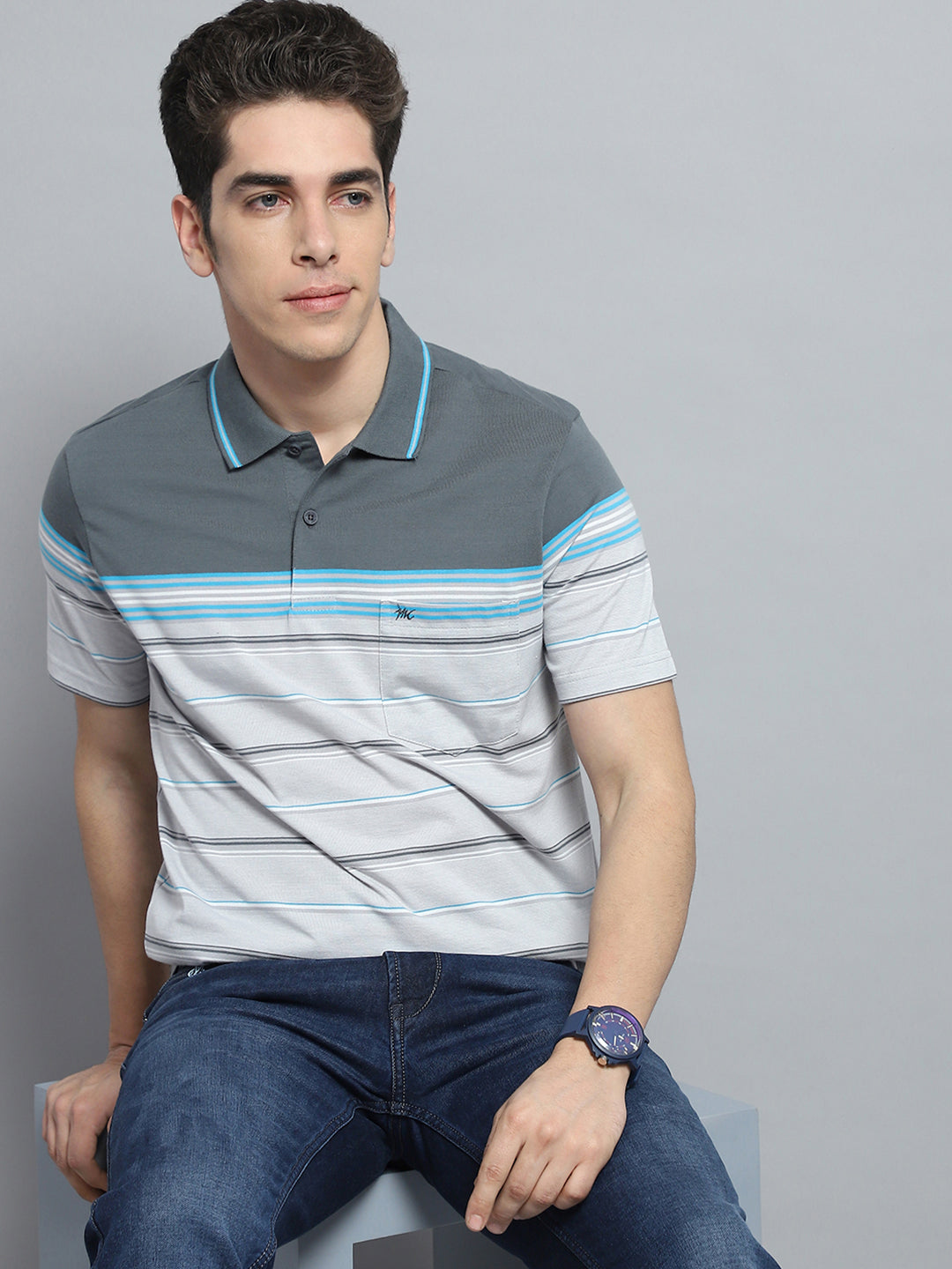 Men Grey Stripe Collar Half Sleeve T-Shirt
