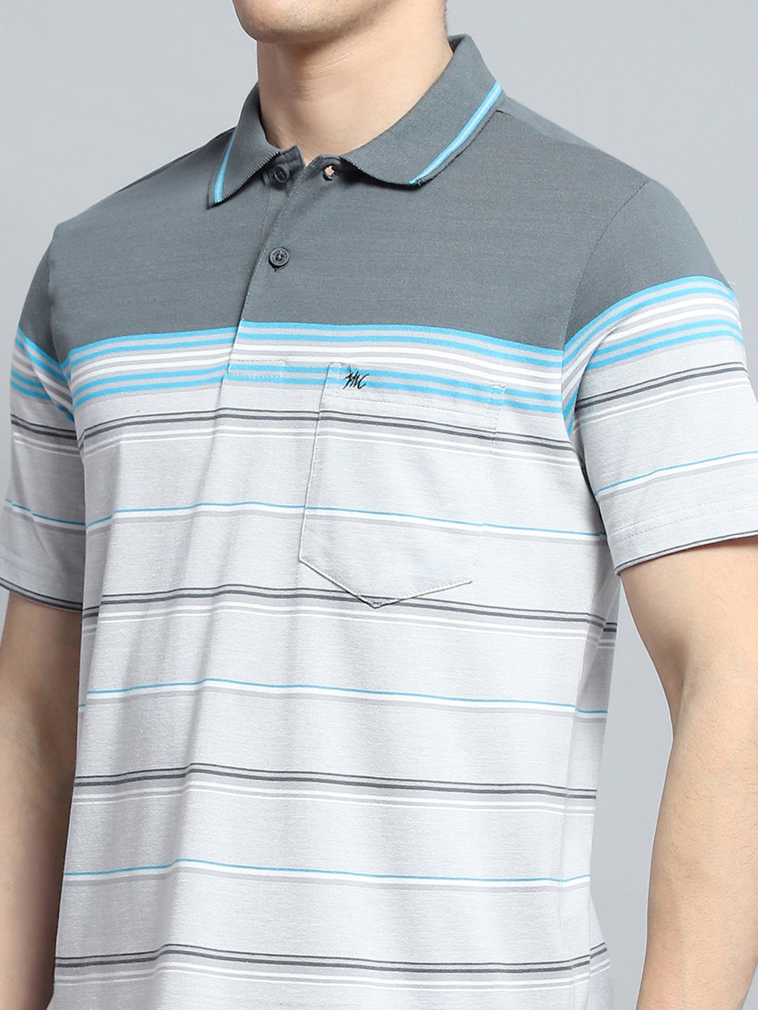 Men Grey Stripe Collar Half Sleeve T-Shirt