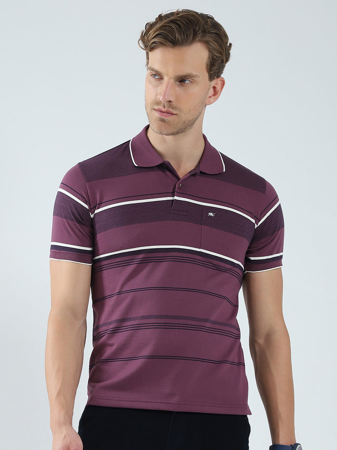 Men Purple Stripe Collar Half Sleeve T-Shirt