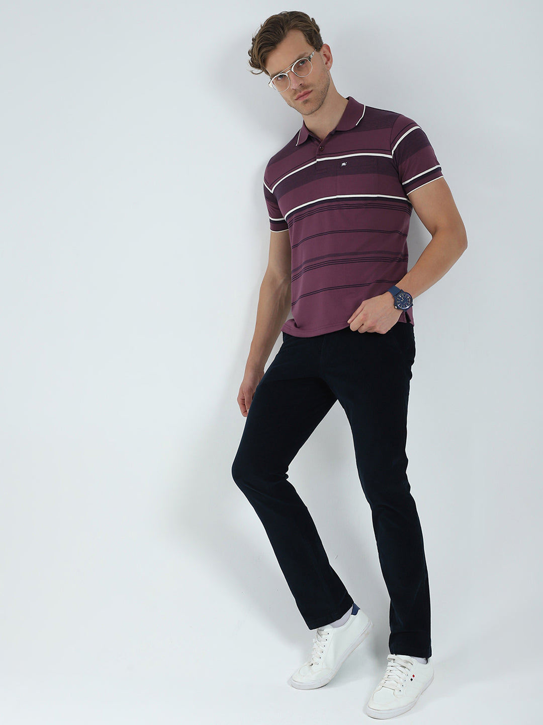 Men Purple Stripe Collar Half Sleeve T-Shirt