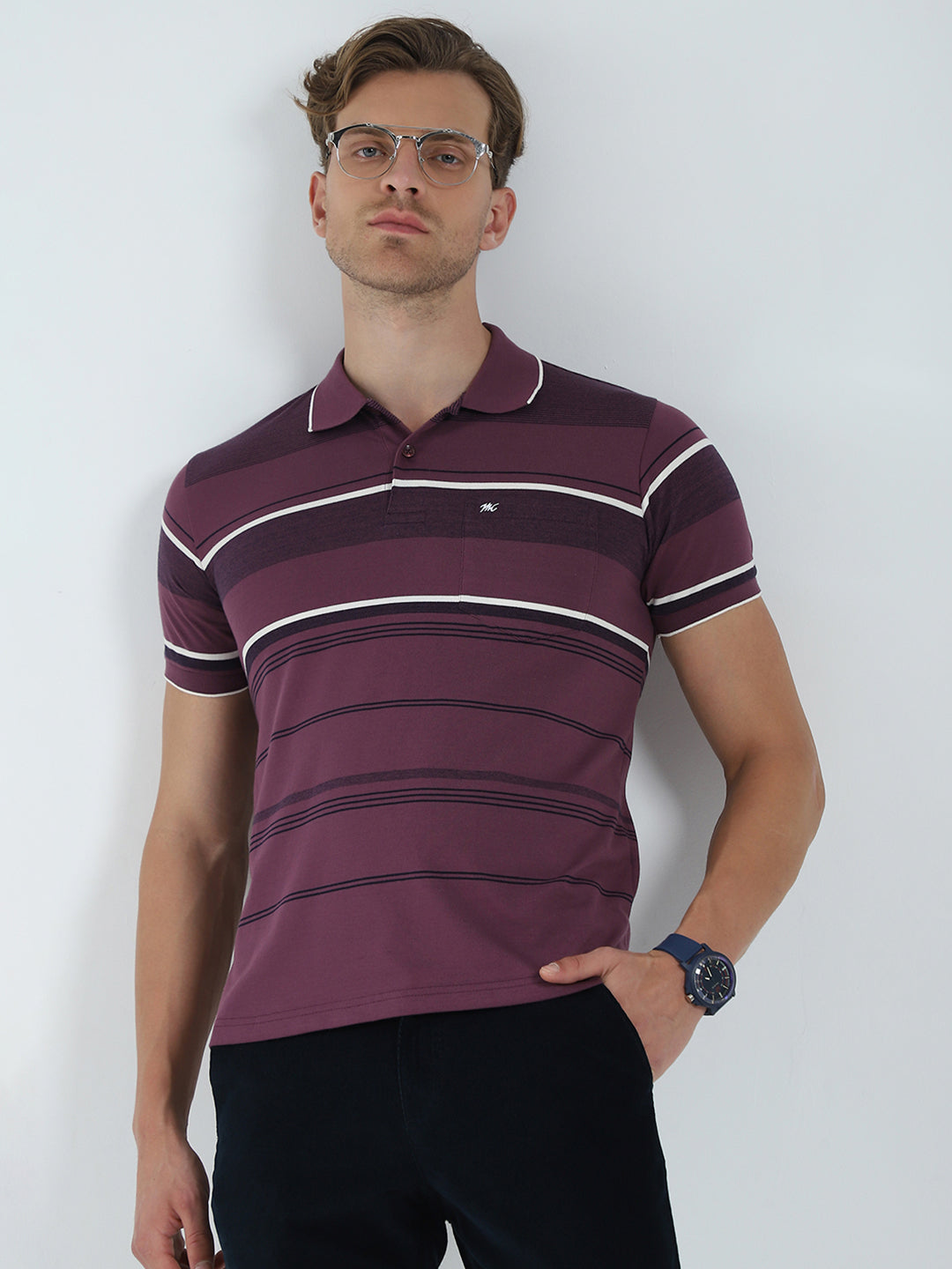 Men Purple Stripe Collar Half Sleeve T-Shirt