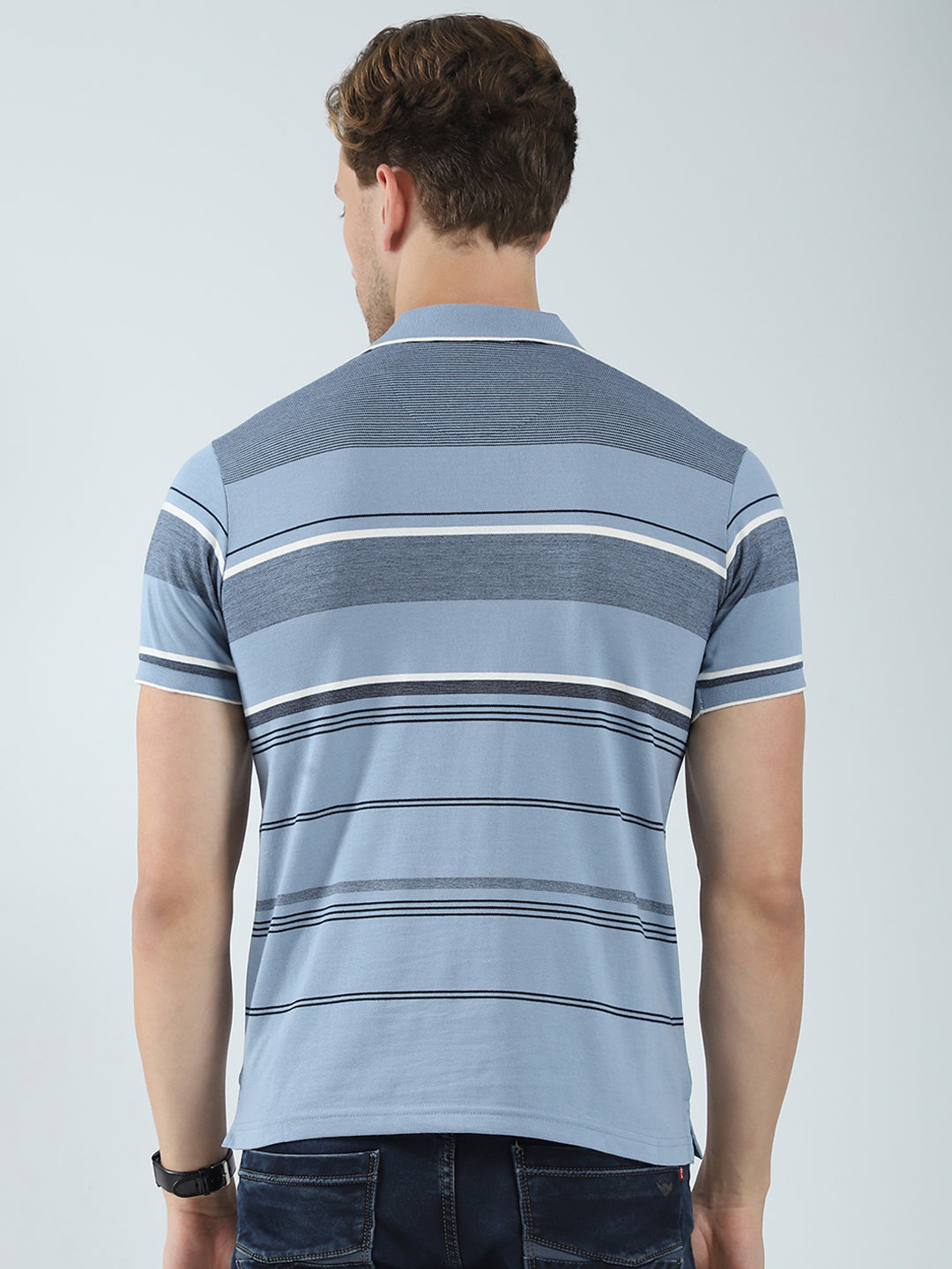 Men Blue Stripe Collar Half Sleeve T-Shirt