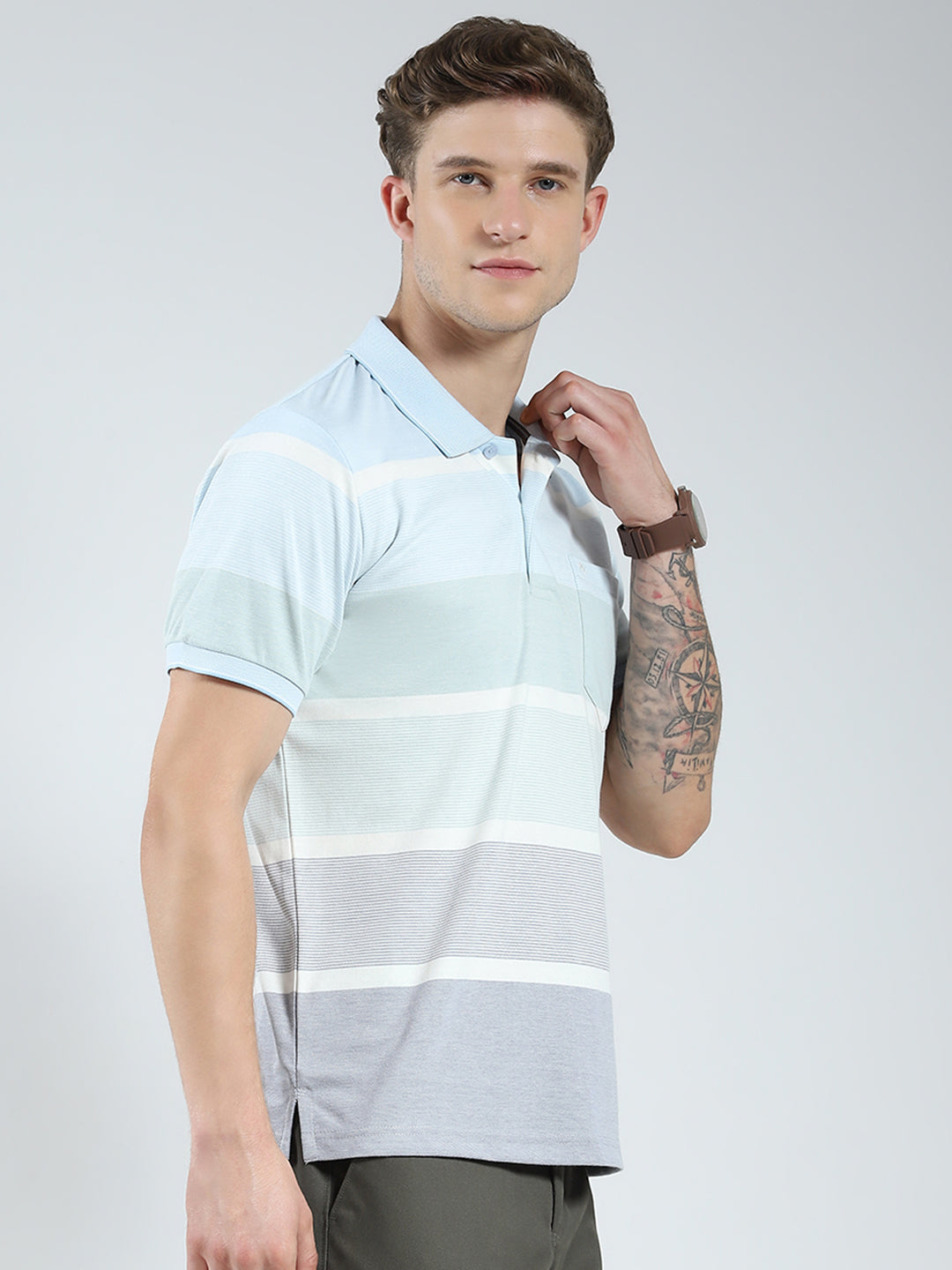 Men Blue Stripe Collar Half Sleeve T-Shirt