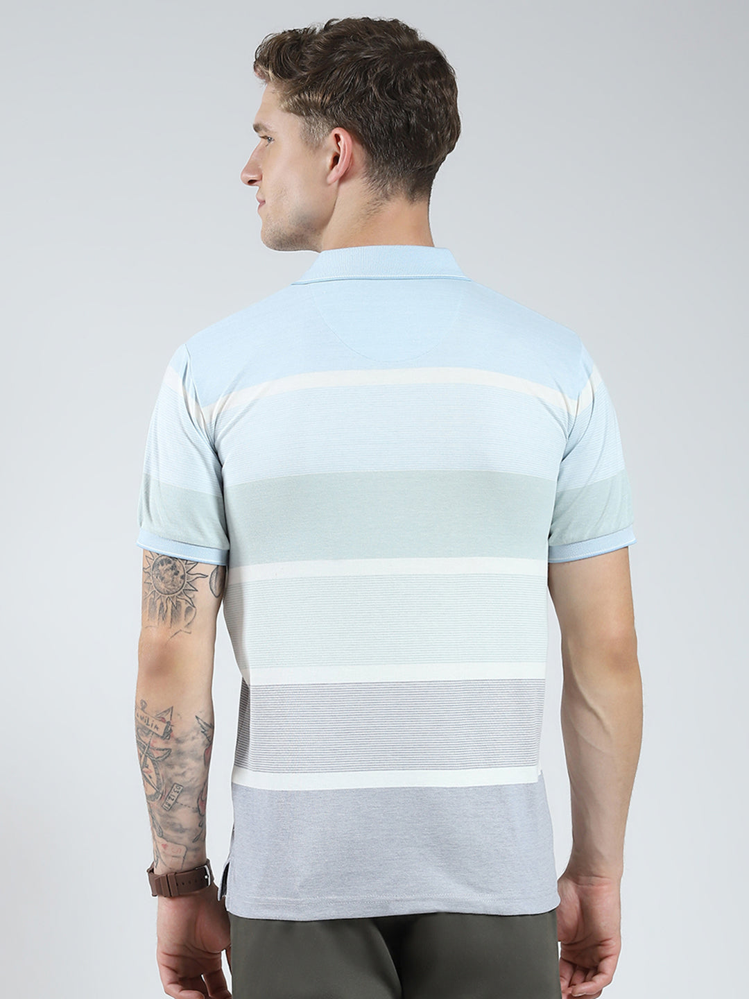 Men Blue Stripe Collar Half Sleeve T-Shirt