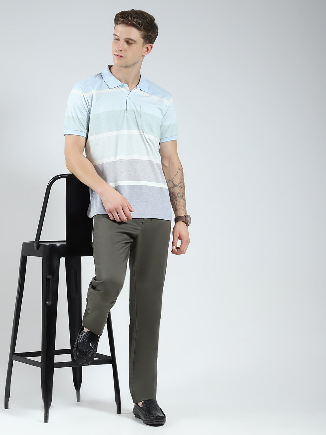 Men Blue Stripe Collar Half Sleeve T-Shirt