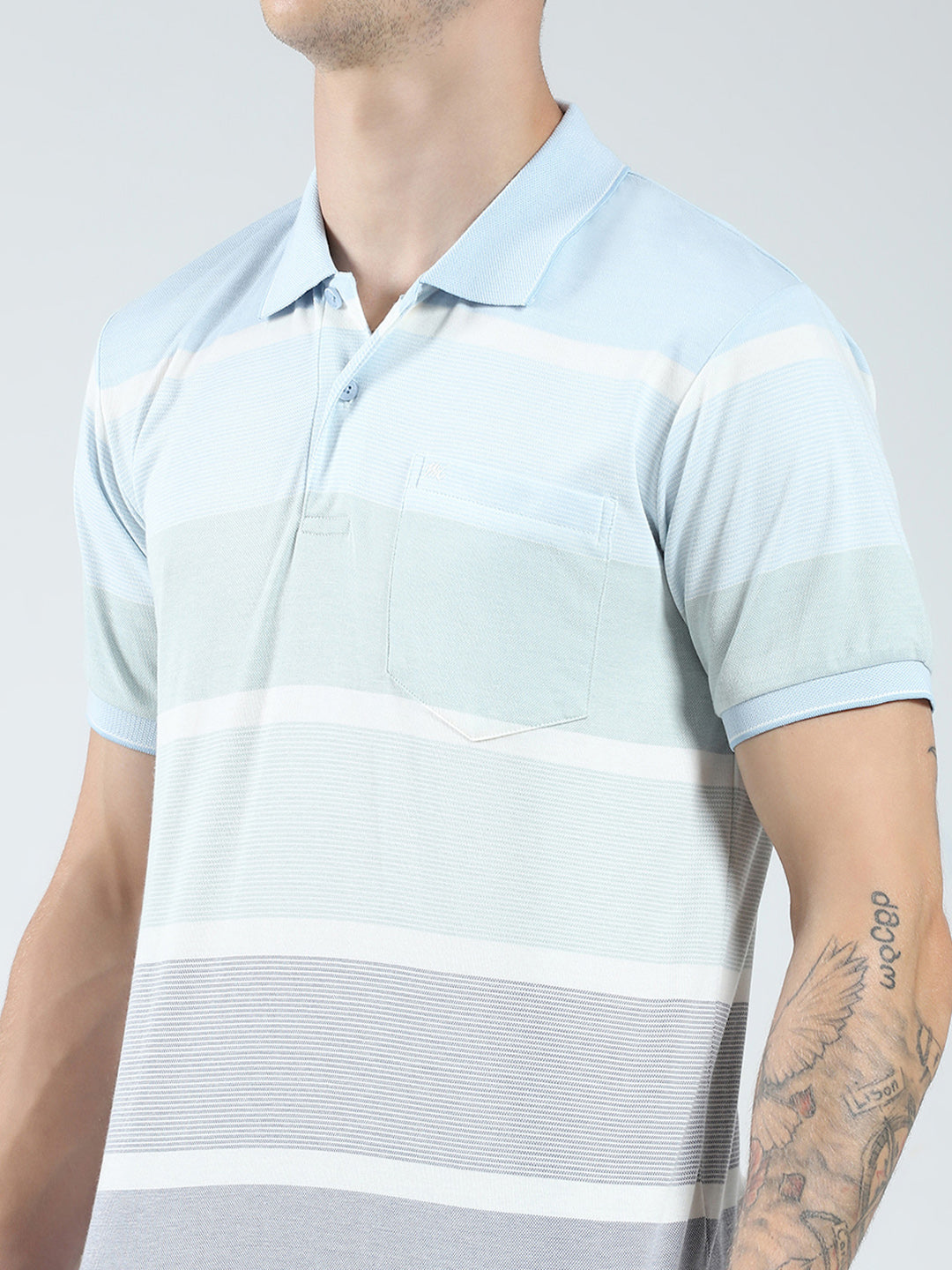 Men Blue Stripe Collar Half Sleeve T-Shirt