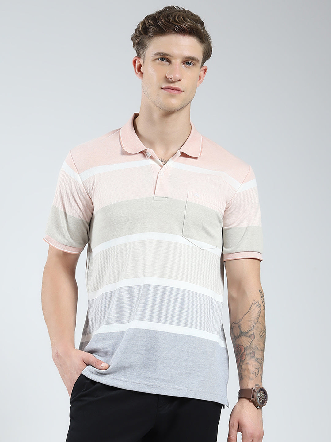 Men Peach Stripe Collar Half Sleeve T-Shirt