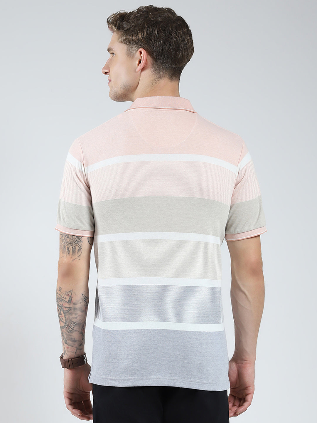Men Peach Stripe Collar Half Sleeve T-Shirt