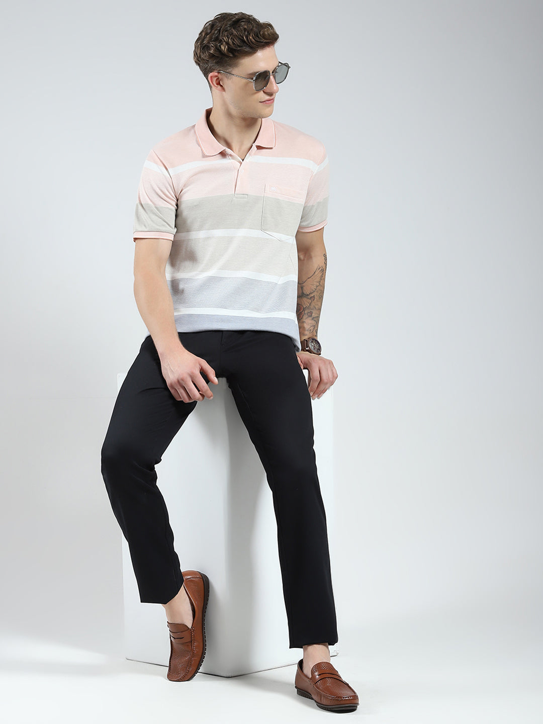 Men Peach Stripe Collar Half Sleeve T-Shirt