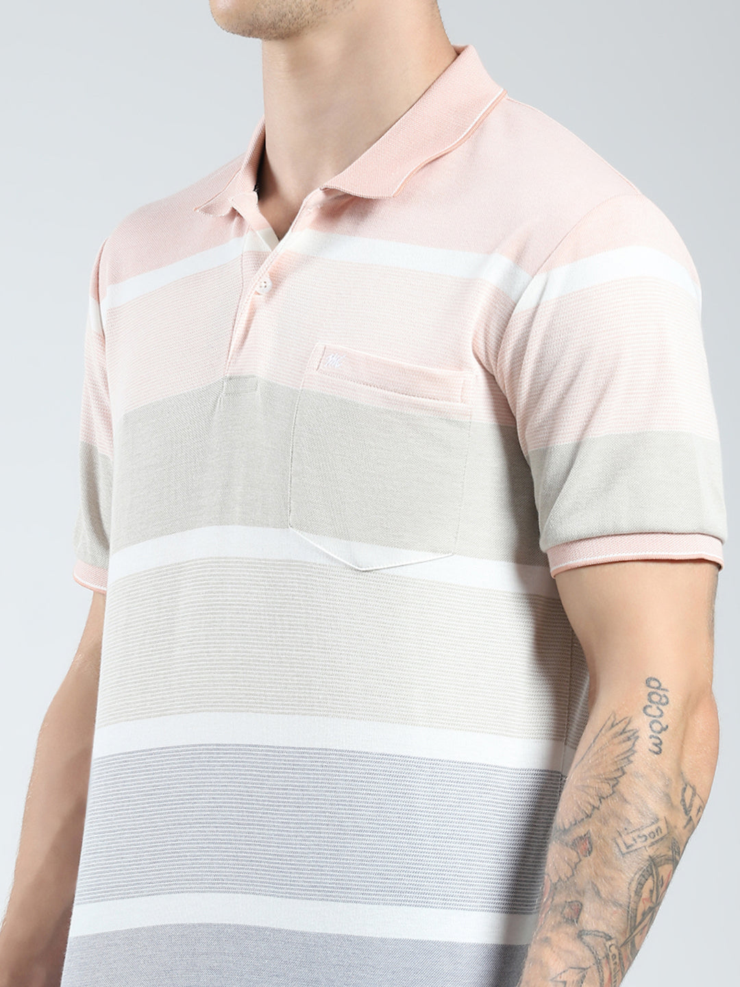 Men Peach Stripe Collar Half Sleeve T-Shirt