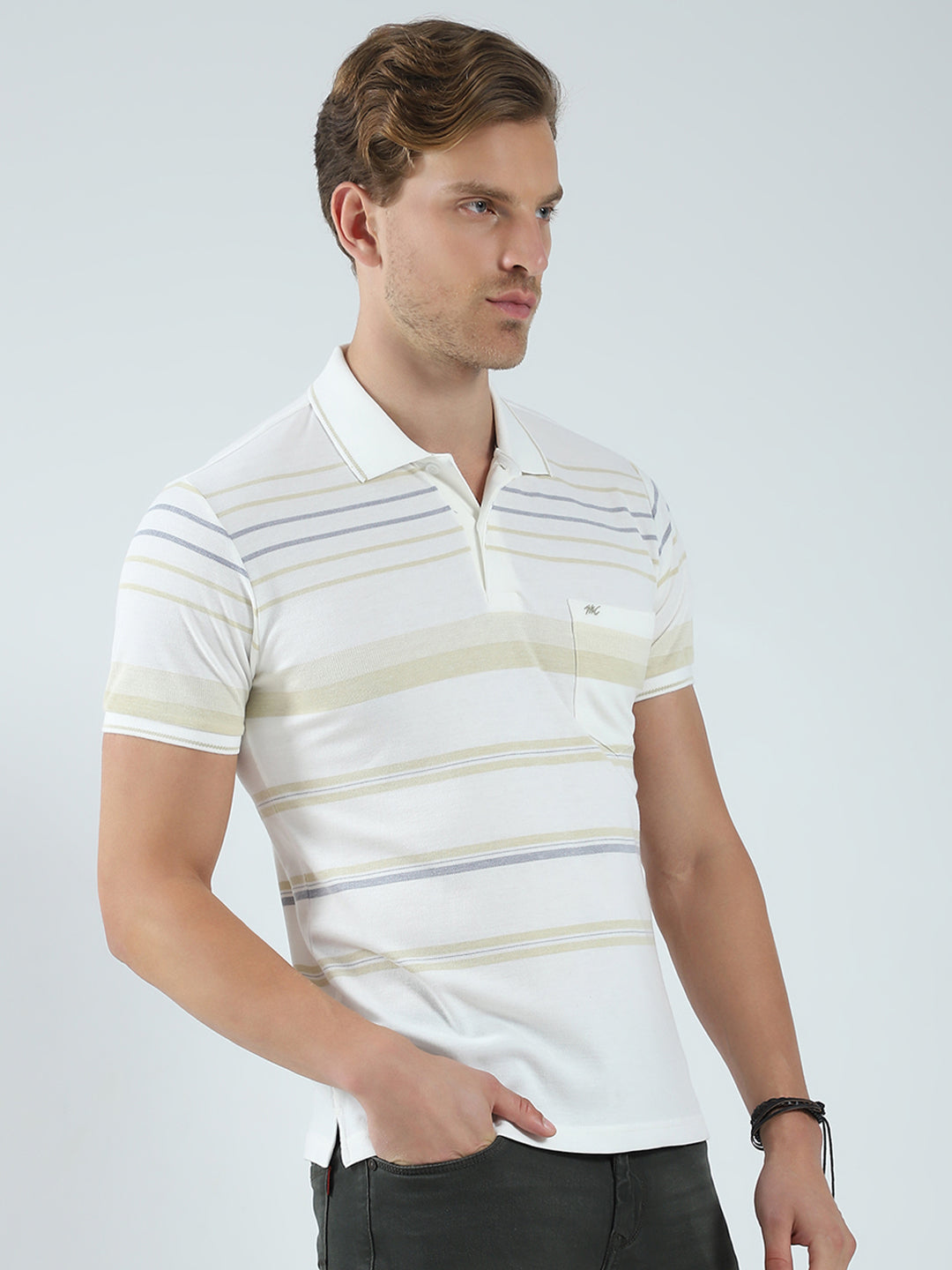 Men Beige Stripe Collar Half Sleeve T-Shirt