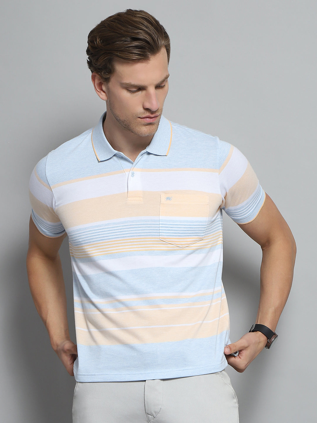 Men Blue Stripe Collar Half Sleeve T-Shirt