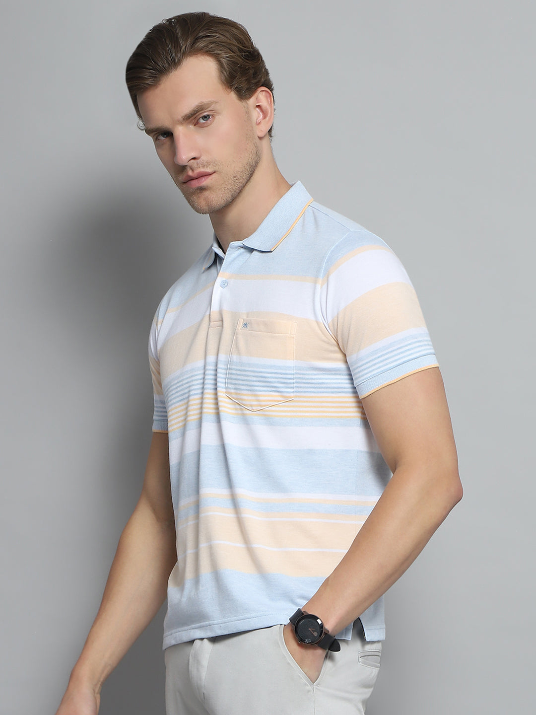 Men Blue Stripe Collar Half Sleeve T-Shirt