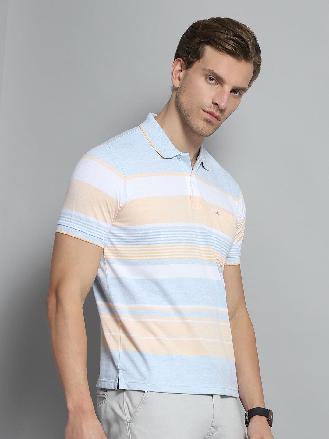 Men Blue Stripe Collar Half Sleeve T-Shirt