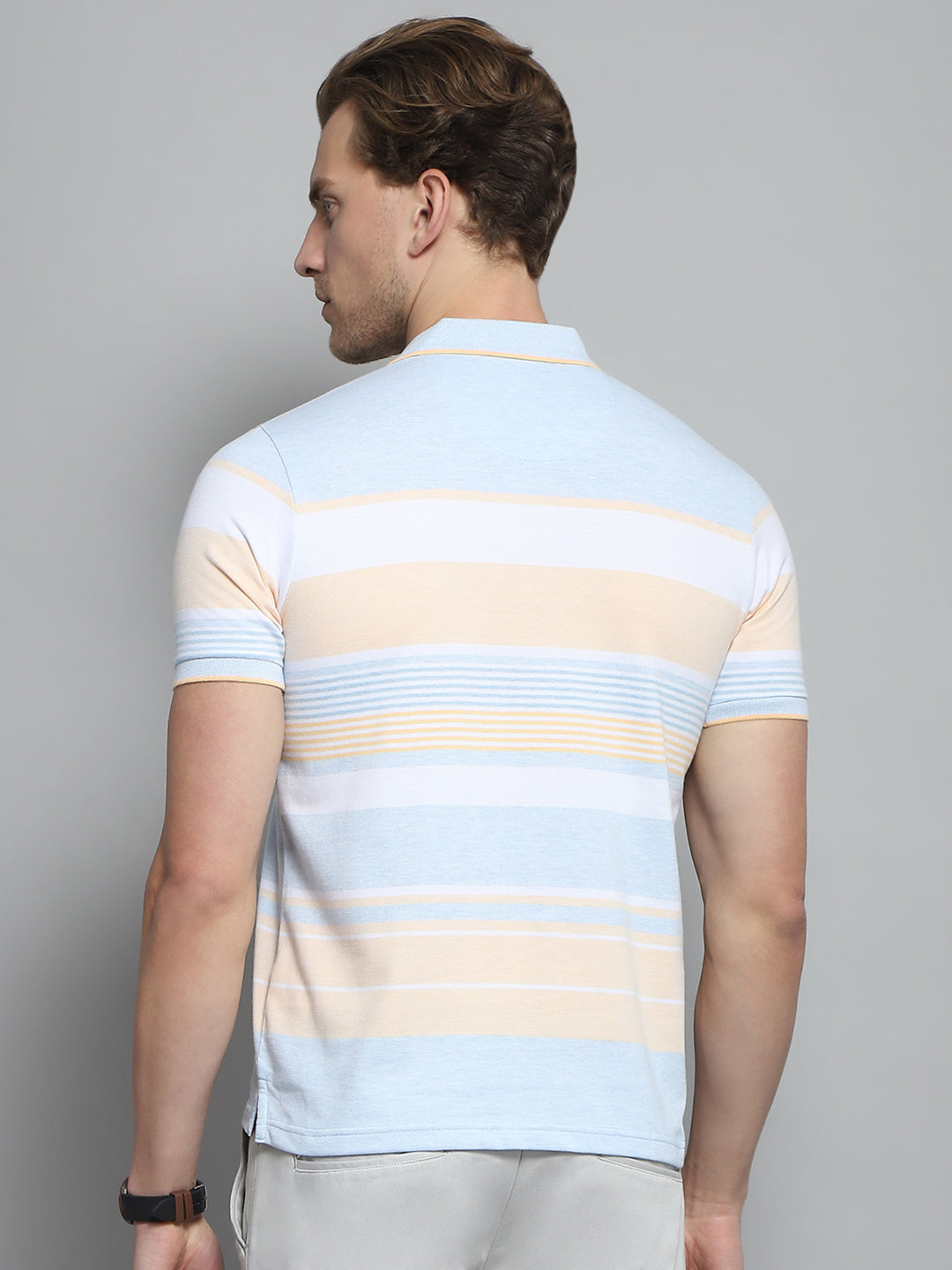 Men Blue Stripe Collar Half Sleeve T-Shirt