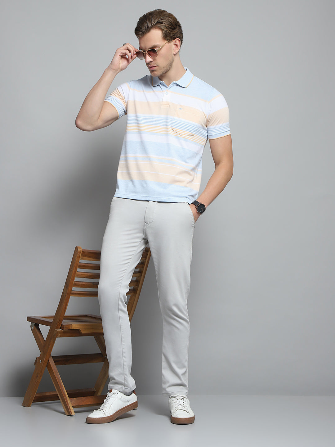 Men Blue Stripe Collar Half Sleeve T-Shirt