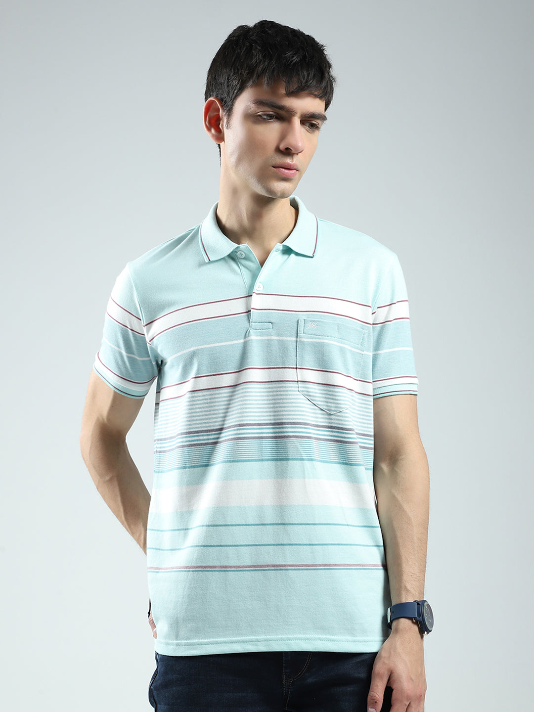 Men Green Stripe Collar Half Sleeve T-Shirt