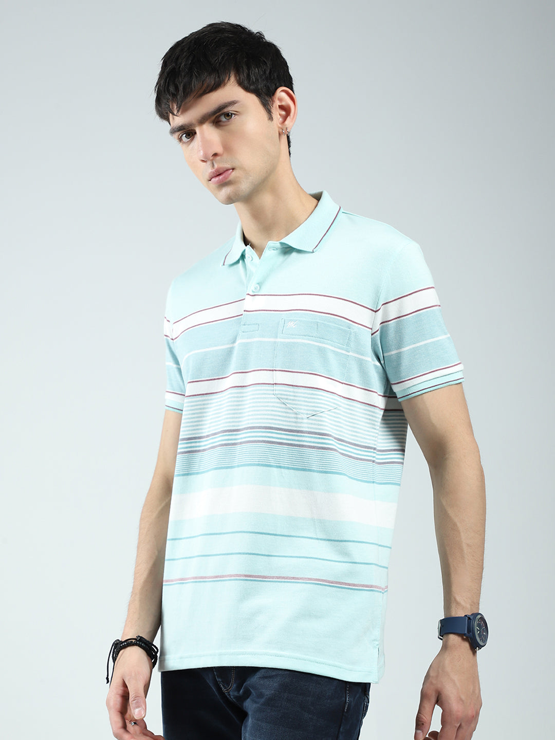 Men Green Stripe Collar Half Sleeve T-Shirt
