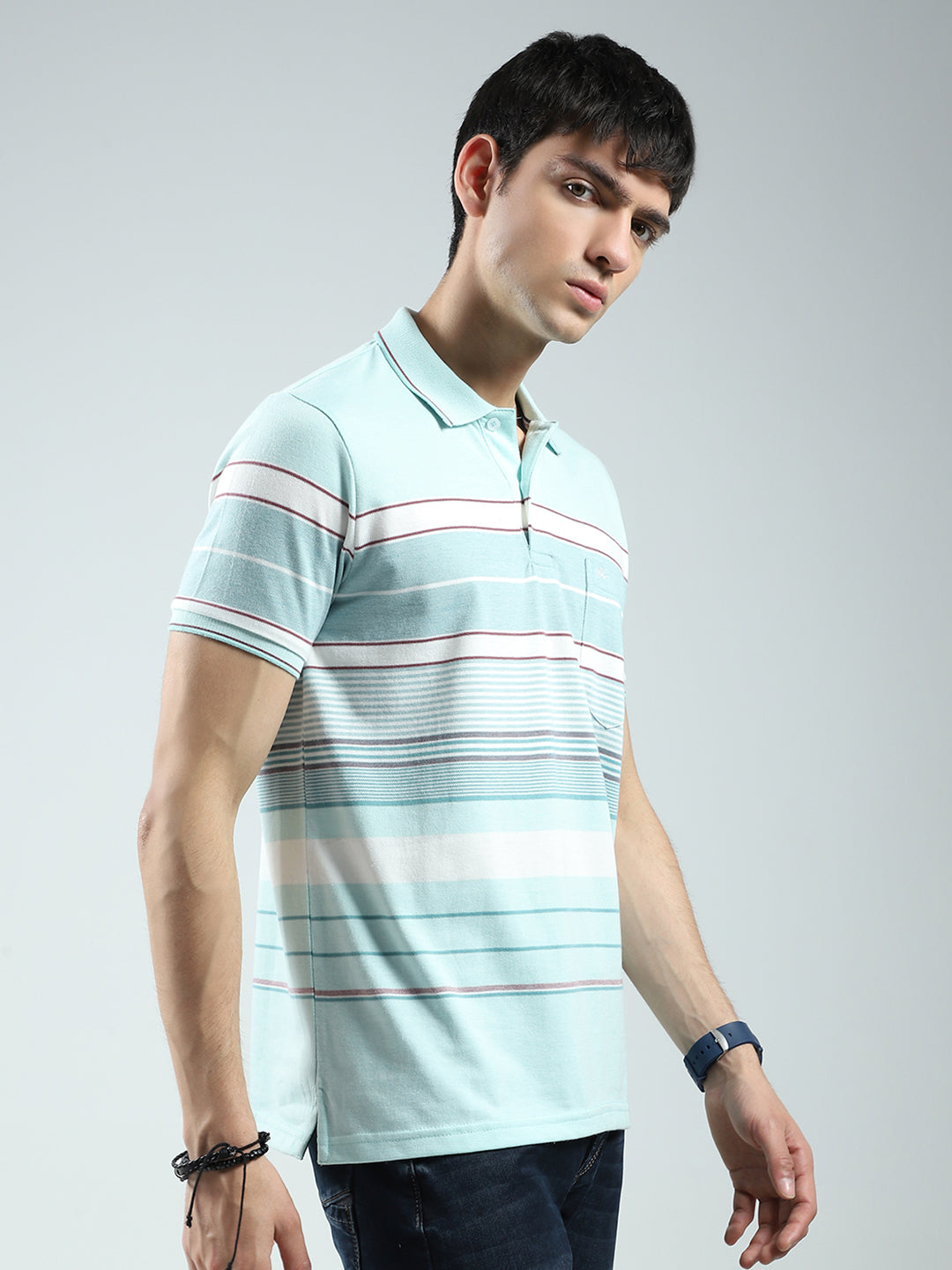 Men Green Stripe Collar Half Sleeve T-Shirt