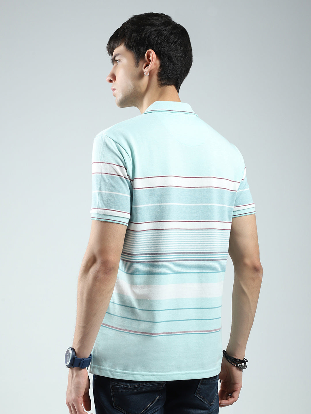 Men Green Stripe Collar Half Sleeve T-Shirt
