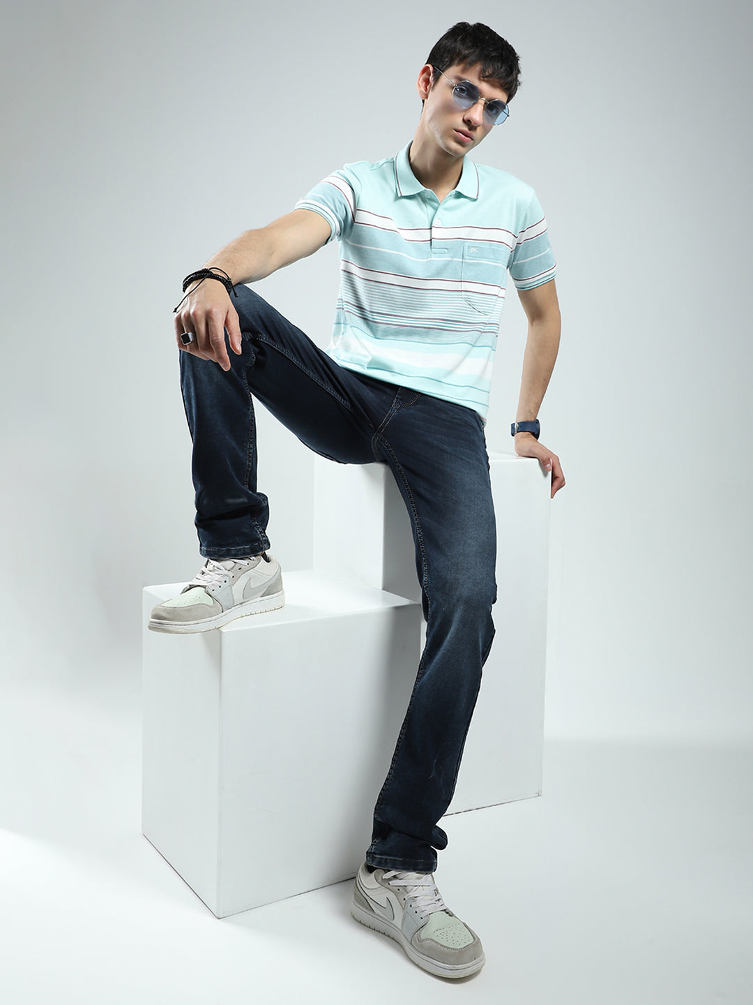 Men Green Stripe Collar Half Sleeve T-Shirt