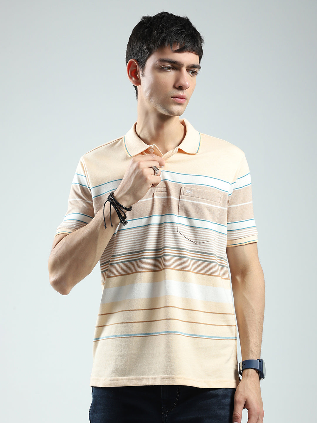 Men Peach Stripe Collar Half Sleeve T-Shirt