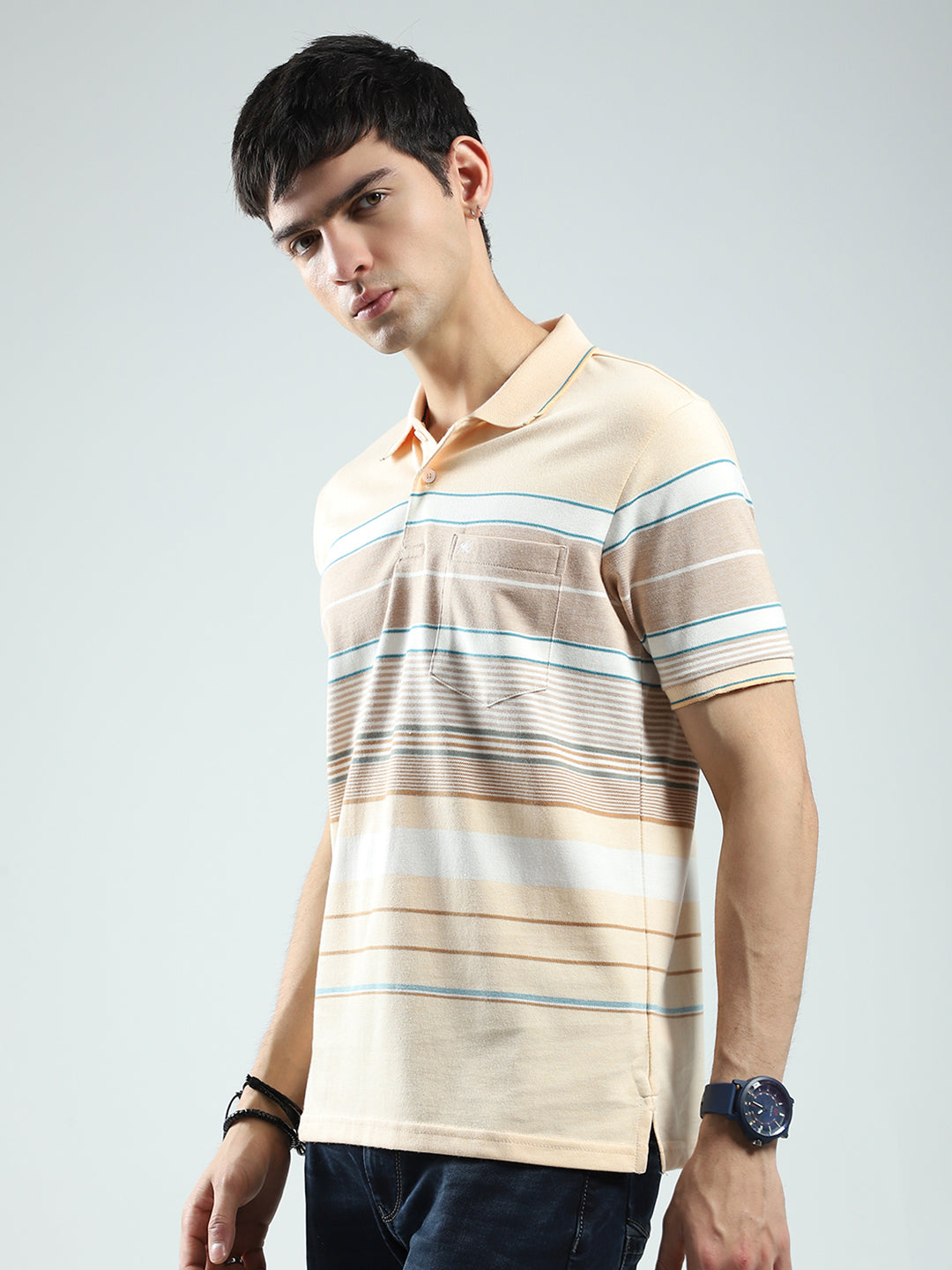 Men Peach Stripe Collar Half Sleeve T-Shirt