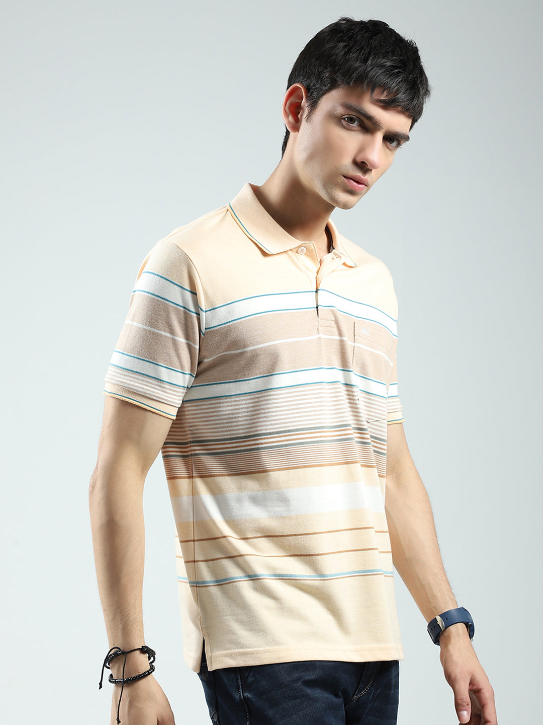 Men Peach Stripe Collar Half Sleeve T-Shirt