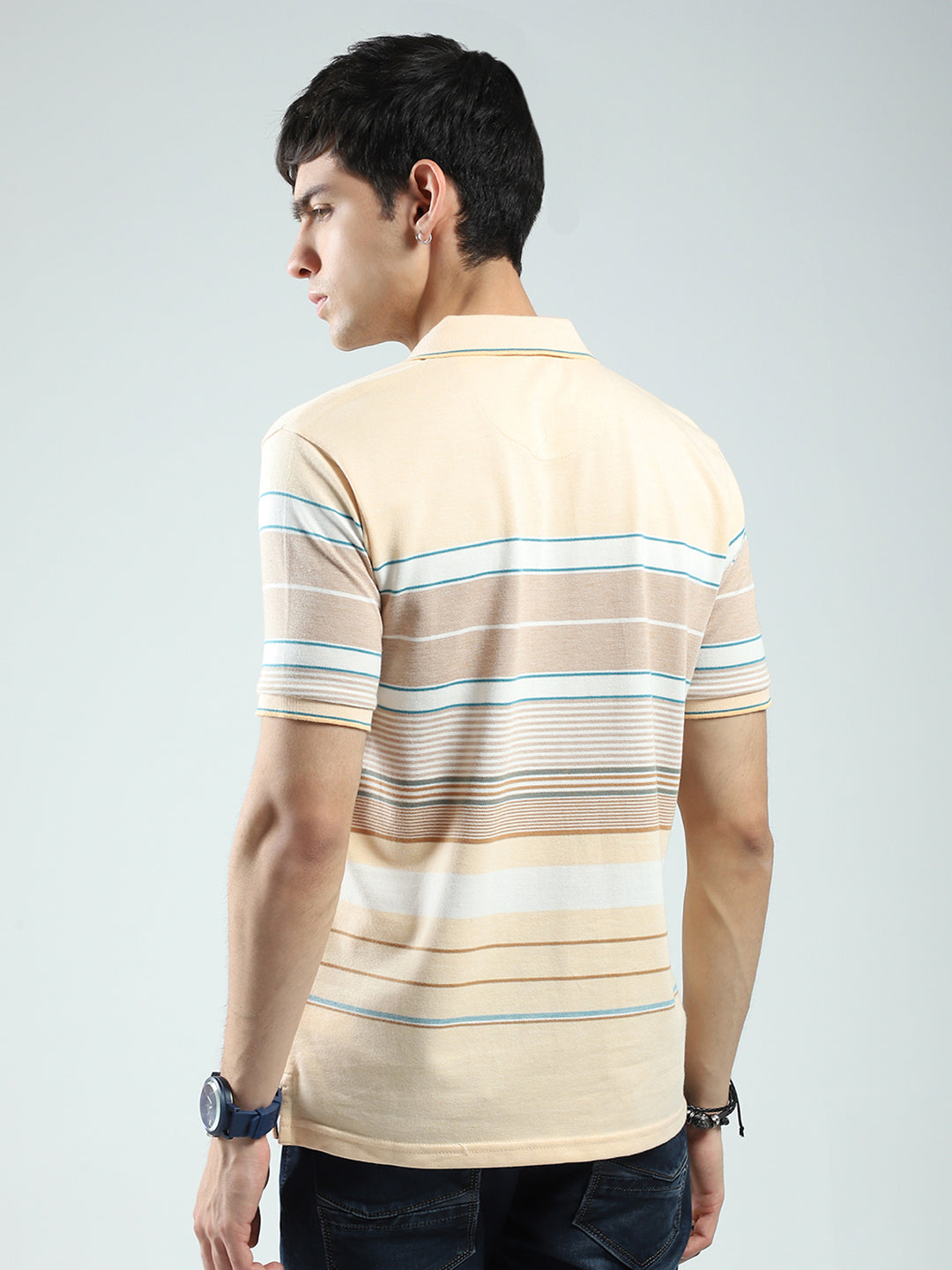 Men Peach Stripe Collar Half Sleeve T-Shirt