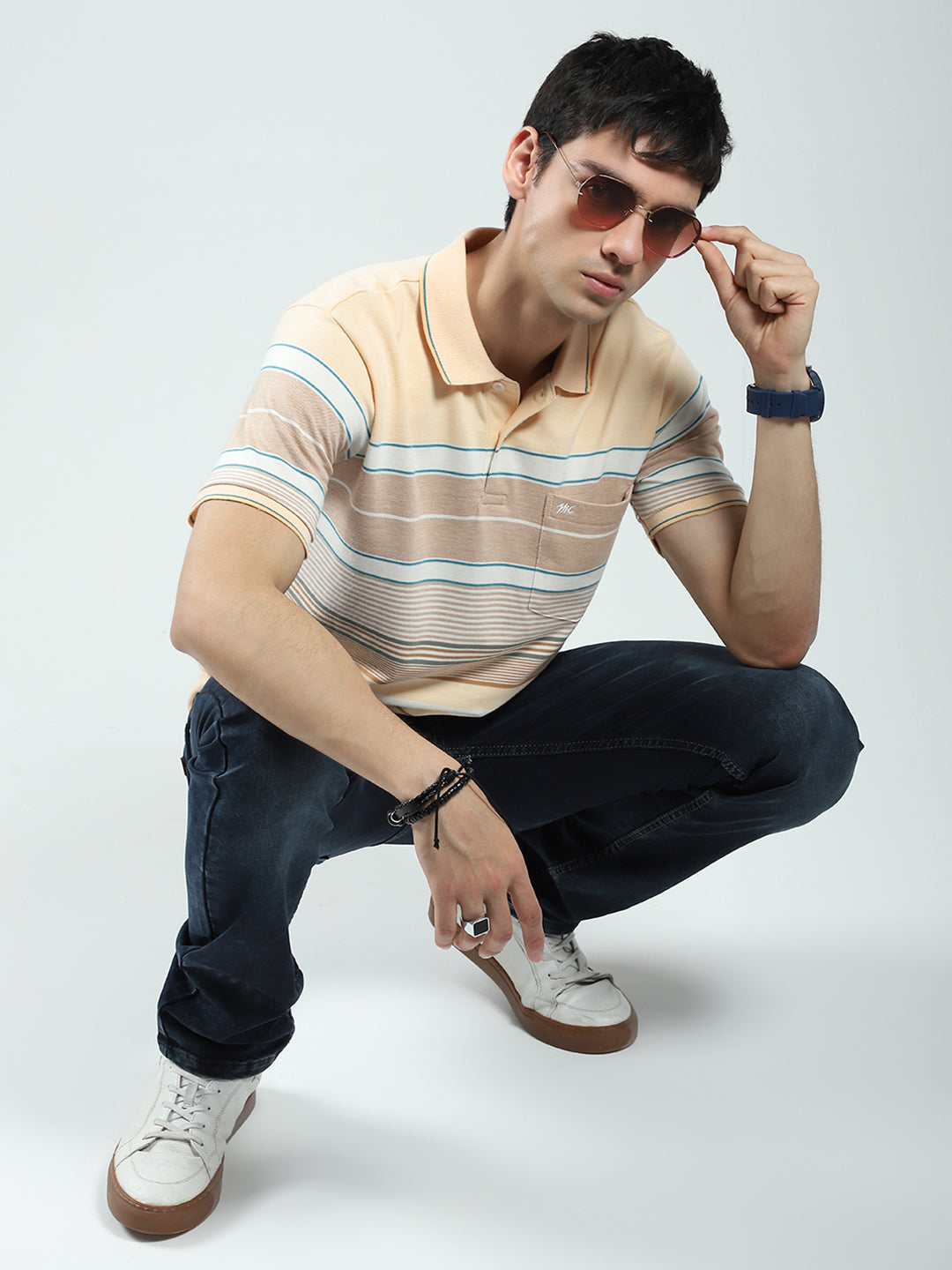 Men Peach Stripe Collar Half Sleeve T-Shirt