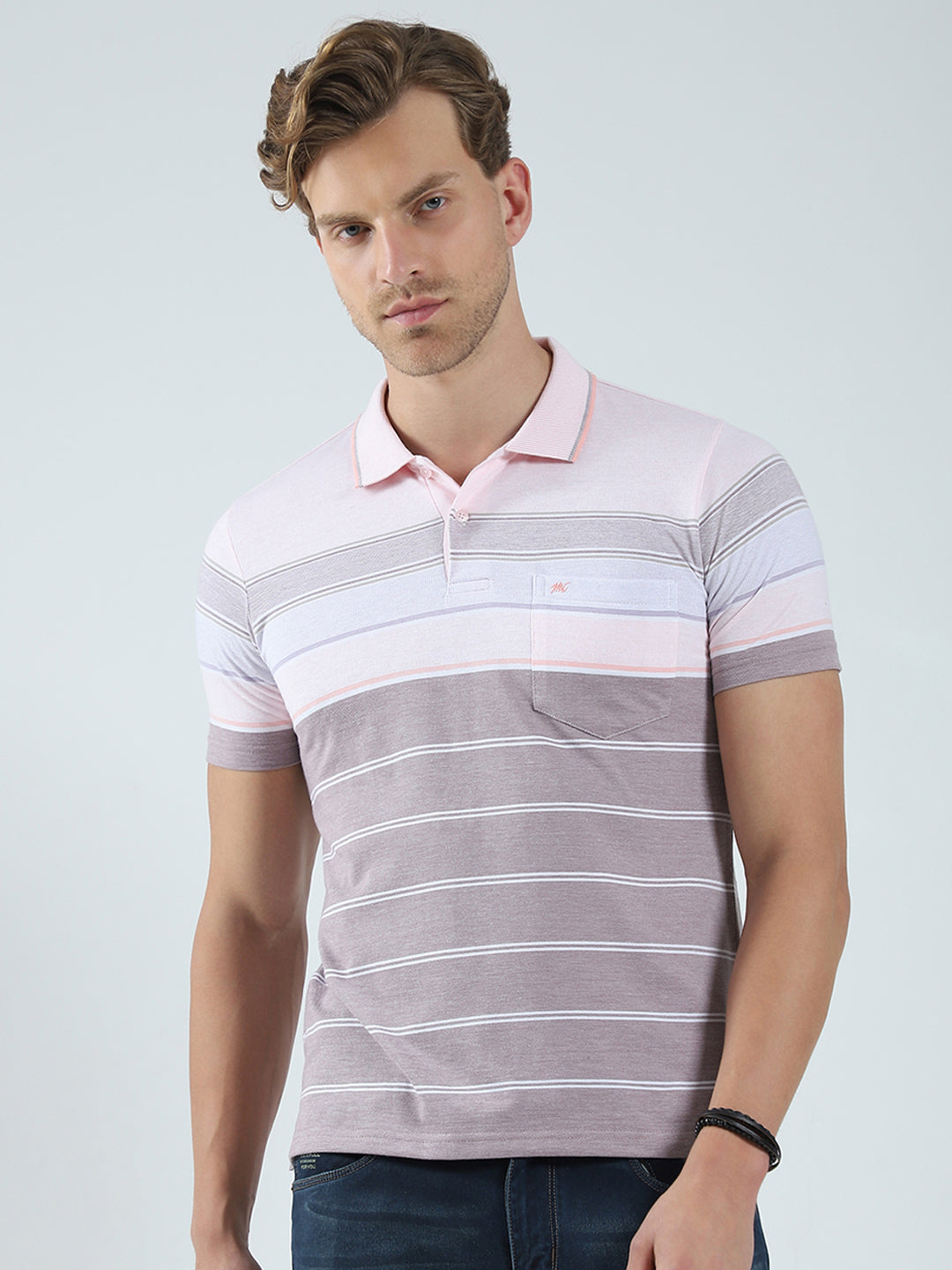 Men Pink Stripe Collar Half Sleeve T-Shirt
