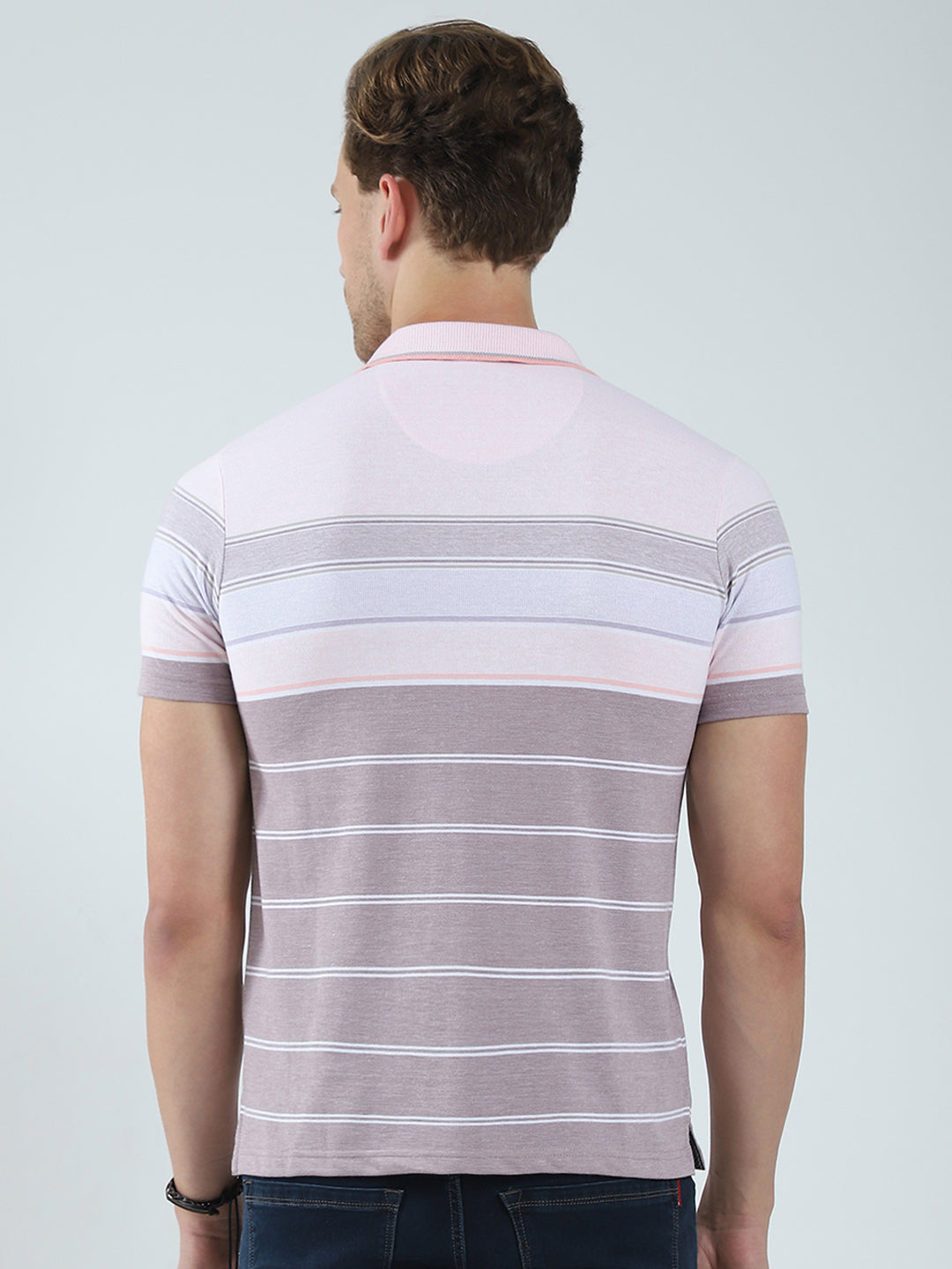 Men Pink Stripe Collar Half Sleeve T-Shirt