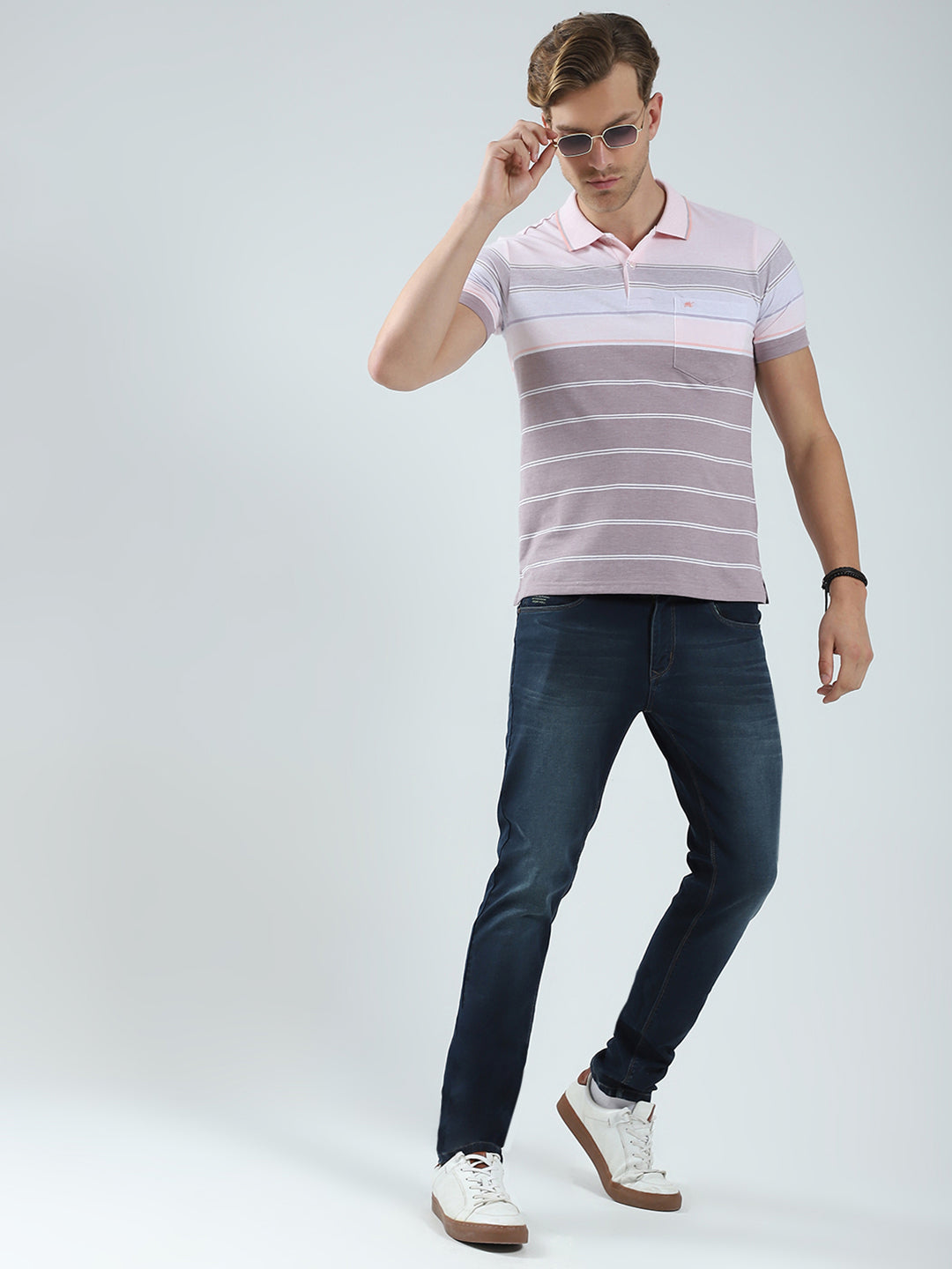 Men Pink Stripe Collar Half Sleeve T-Shirt