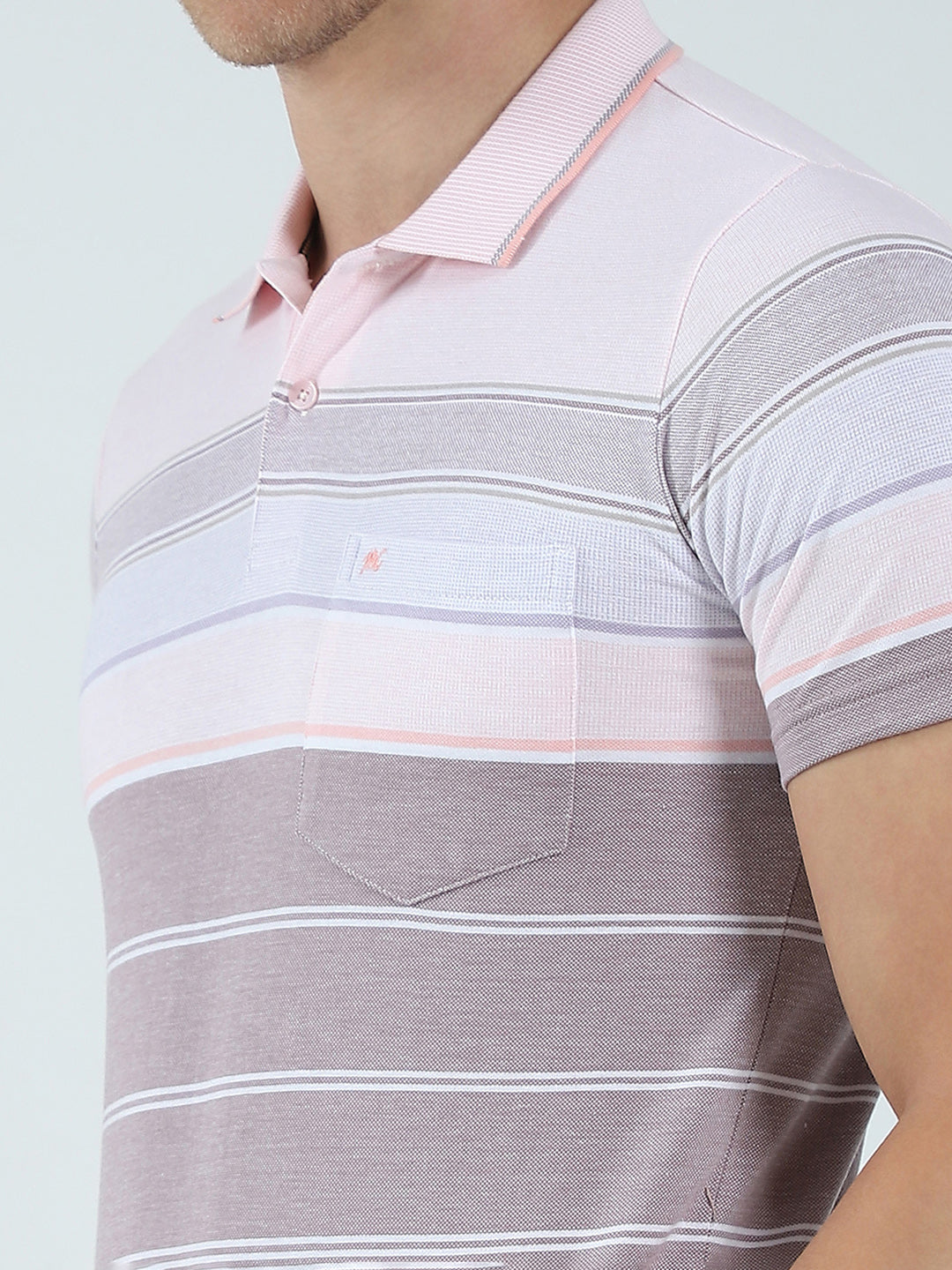 Men Pink Stripe Collar Half Sleeve T-Shirt