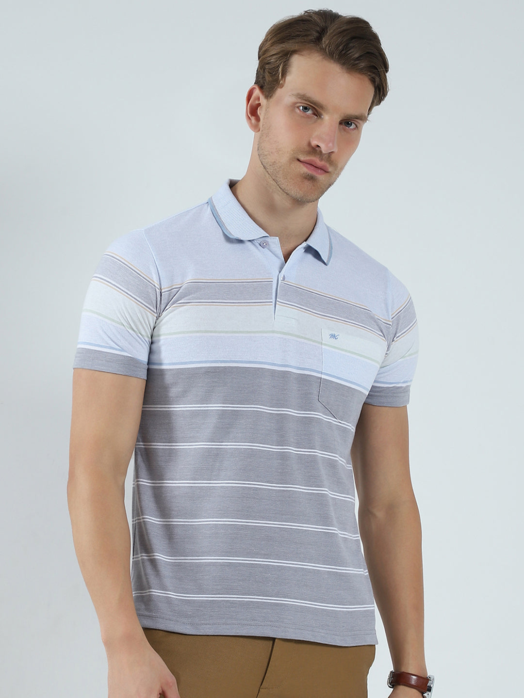 Men Blue Stripe Collar Half Sleeve T-Shirt